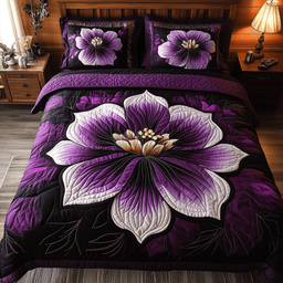 Dark Purple Flower 3 Piece Quilted Bedding Set Gift For Flower Lovers