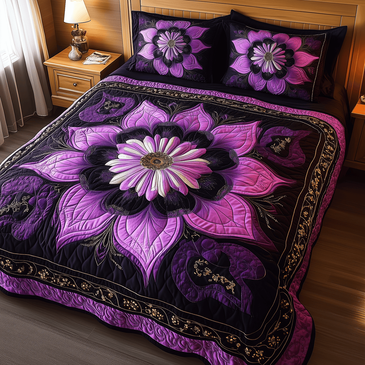 Dark Purple Flower 3 Piece Quilted Bedding Set Gift For Flower Lovers