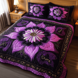 Dark Purple Flower 3 Piece Quilted Bedding Set Gift For Flower Lovers