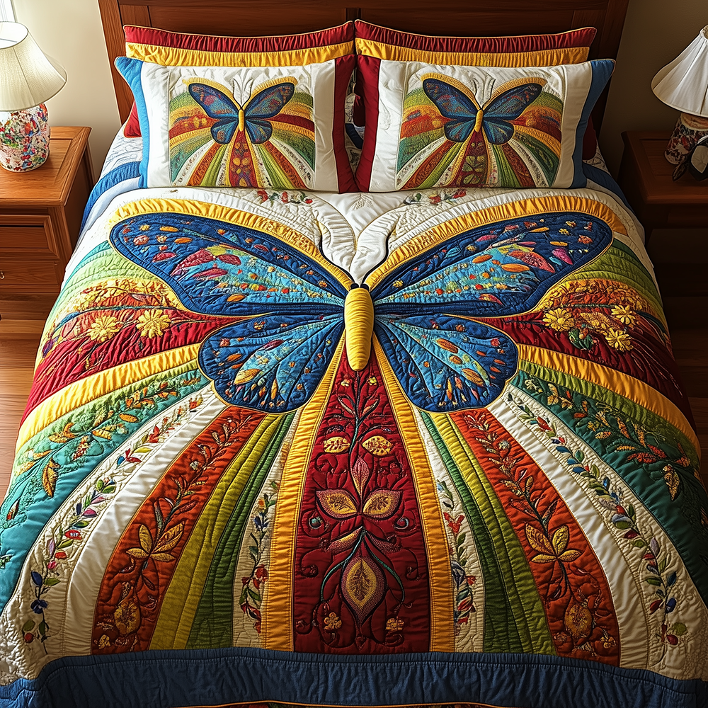 Butterfly Charm 3 Piece Quilted Bedding Set Gift For Butterfly Lovers