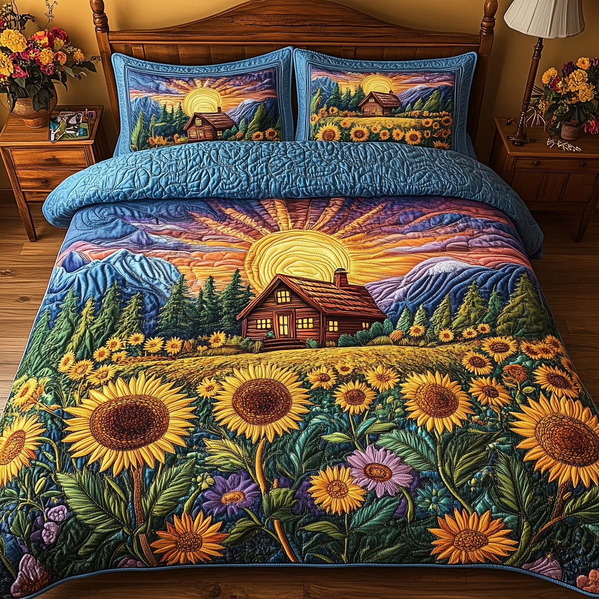 The Sunny Cabin Sunflower 3 Piece Quilted Bedding Set Gift For Flower Lovers