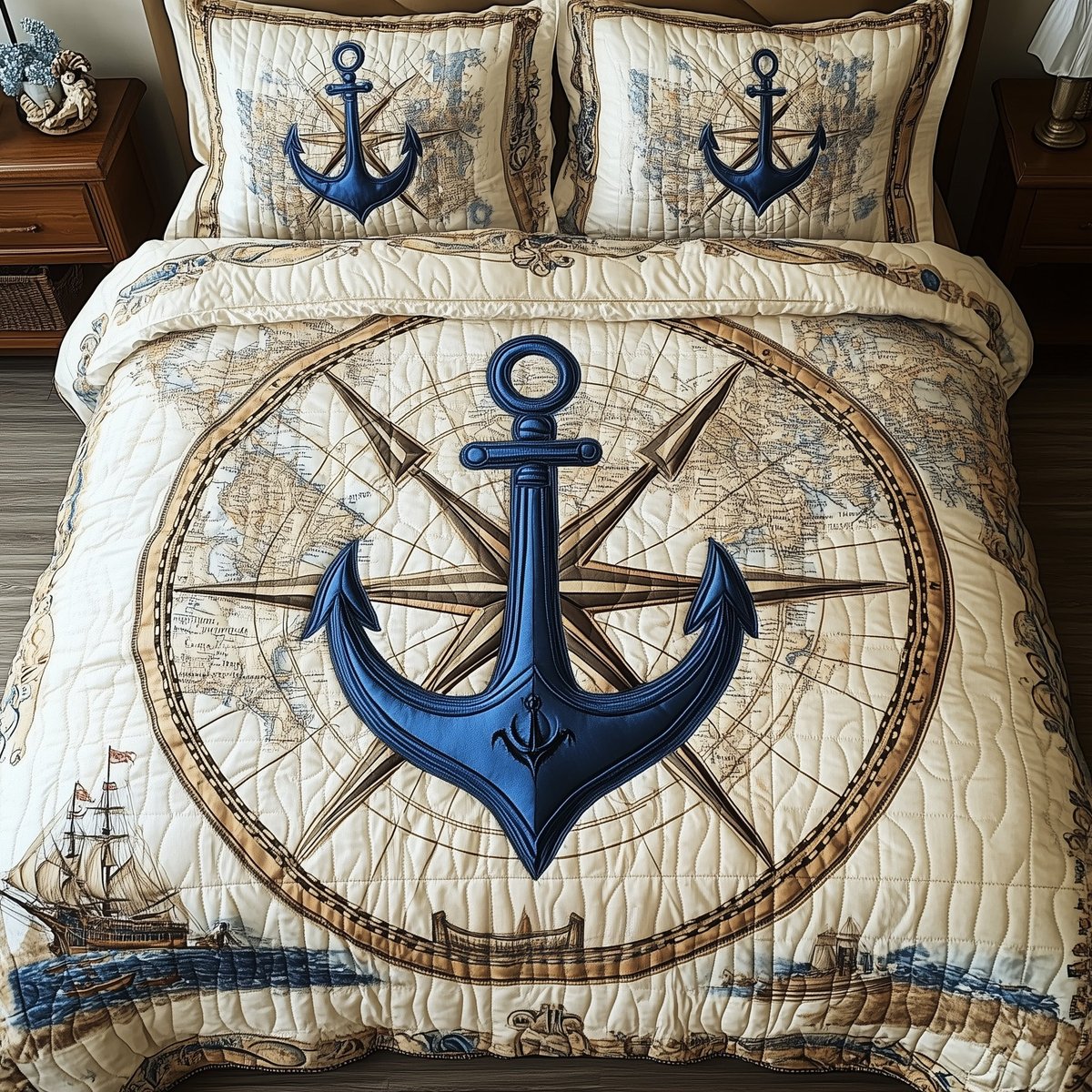Nautical Anchor 3 Piece Quilted Bedding Set Gift For Beach Lovers