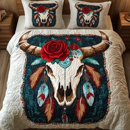 Mystic Native Longhorn Skull 3 Piece Quilted Bedding Set Gift For Western Lovers