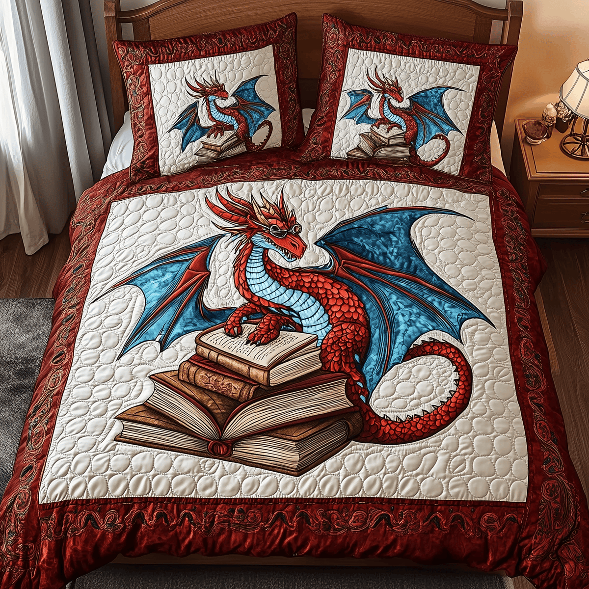 Wisdom Dragon 3 Piece Quilted Bedding Set Gift For Fantasy Lovers