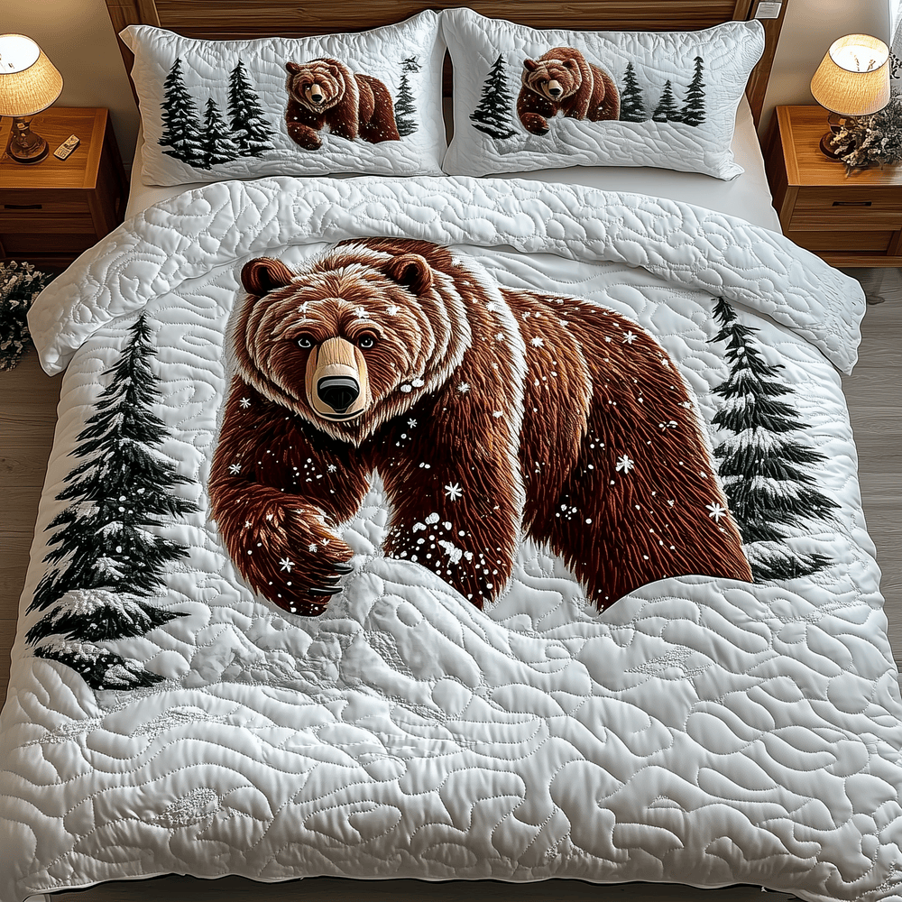 Snowland Majestic Bear 3 Piece Quilted Bedding Set Gift For Bear Lovers