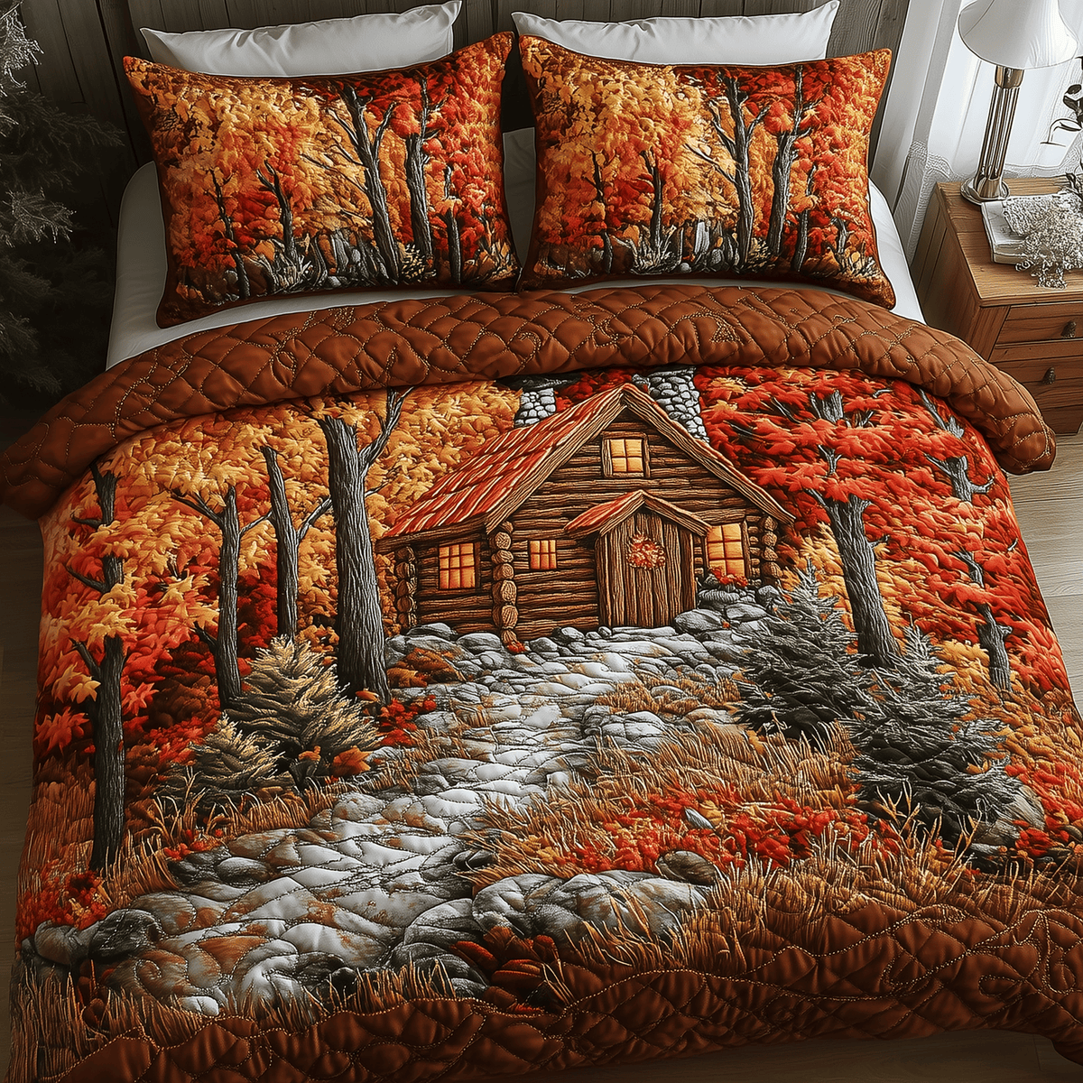 Autumn Soul Log Cabin 3 Piece Quilted Bedding Set Gift For Nature Lovers
