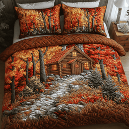 Autumn Soul Log Cabin 3 Piece Quilted Bedding Set Gift For Nature Lovers