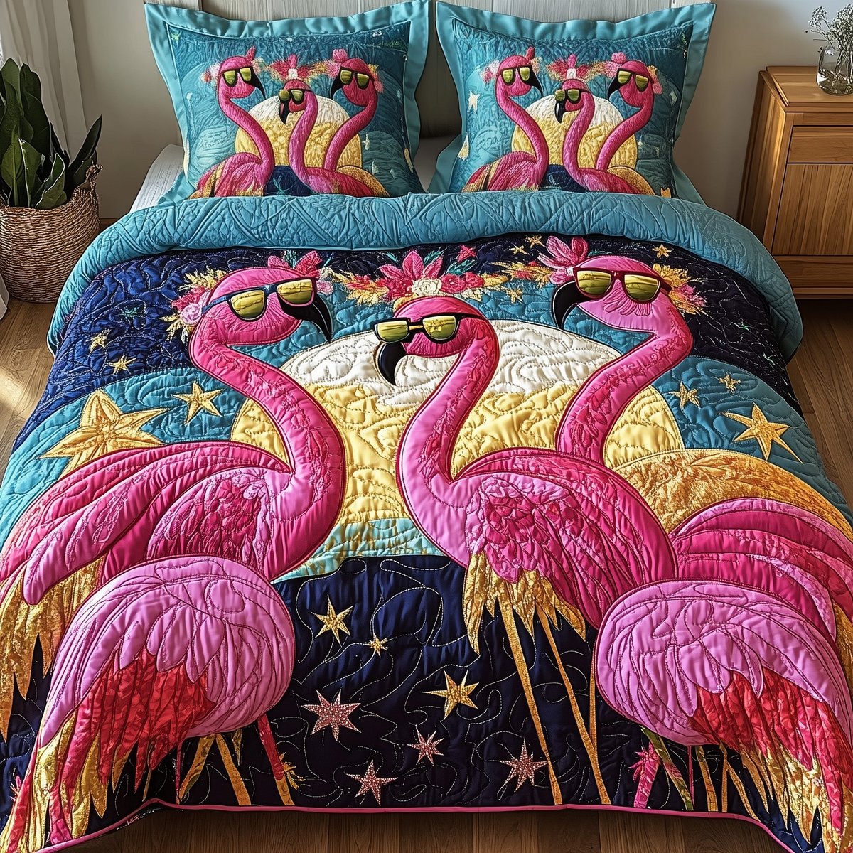Whimsical Flamingo 3 Piece Quilted Bedding Set Gift For Home Decor Lovers