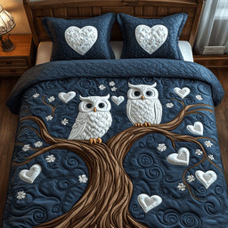 Winter Owl Couple 3 Piece Quilted Bedding Set Gift For Bird Lovers