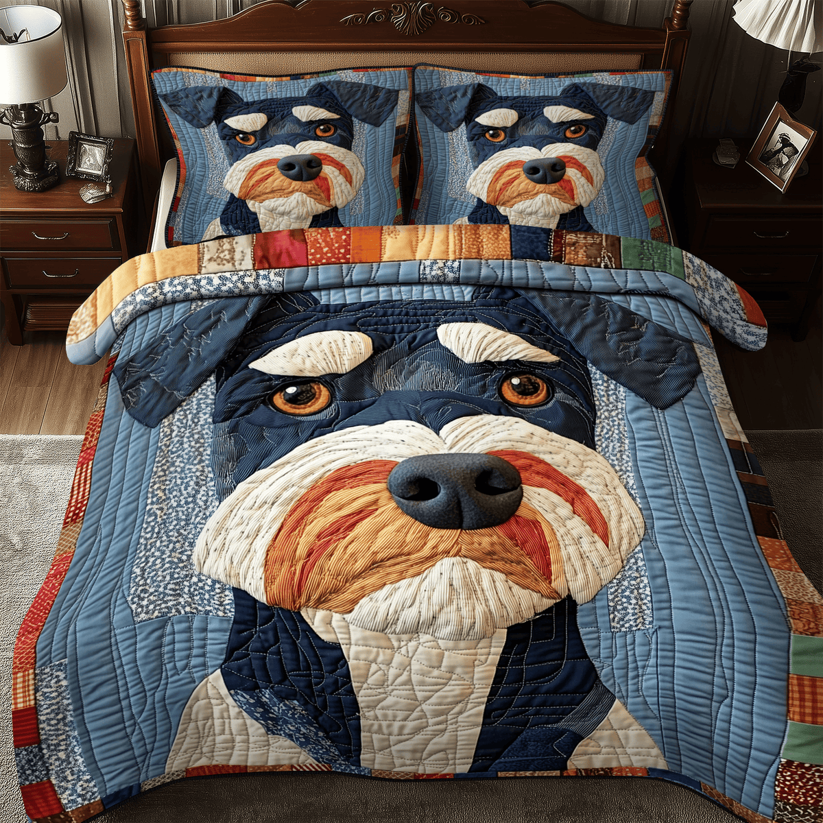 Schnauzer Dog 3 Piece Quilted Bedding Set Gift For Dog Lovers