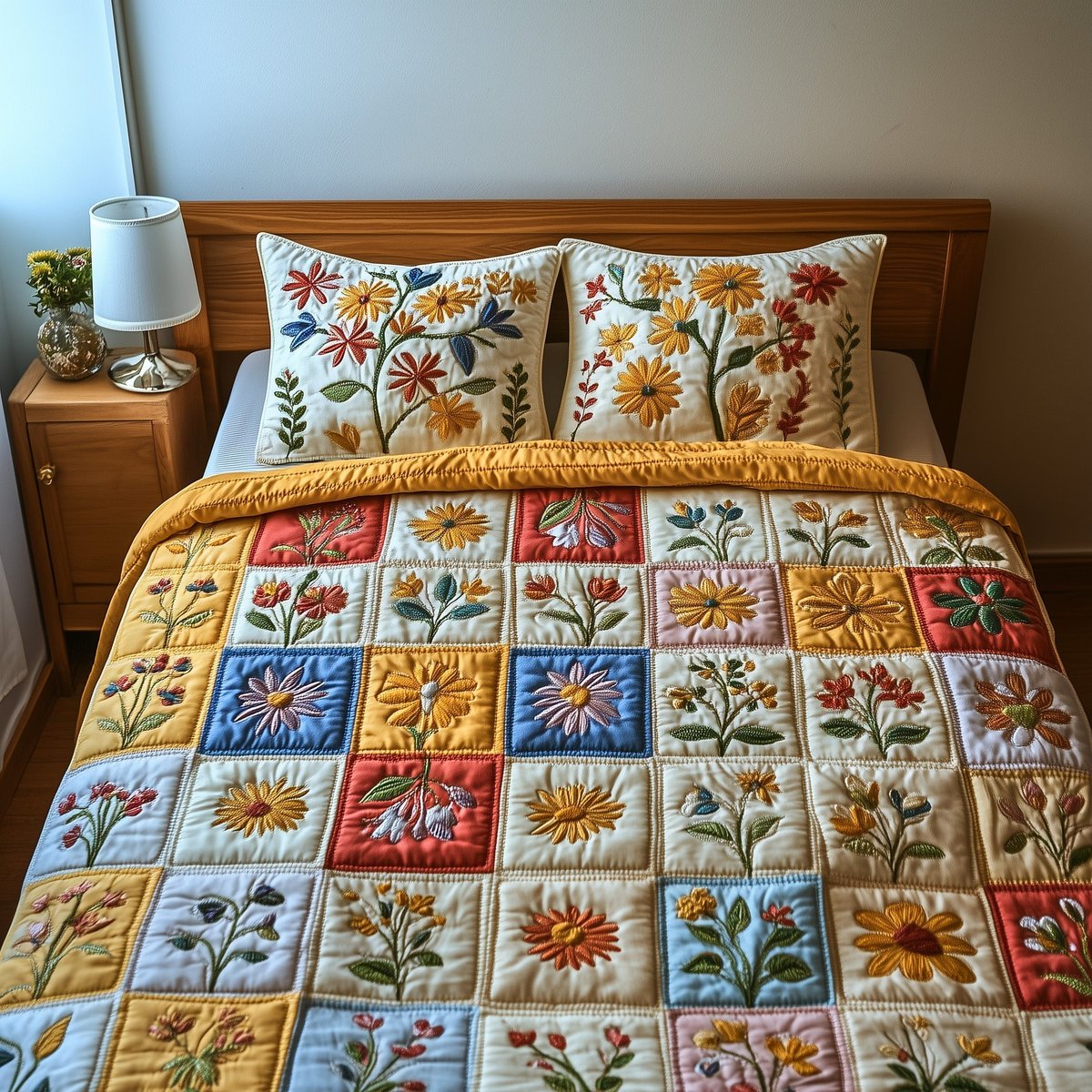 Springtime Patchwork 3 Piece Quilted Bedding Set Gift For Flower Lovers