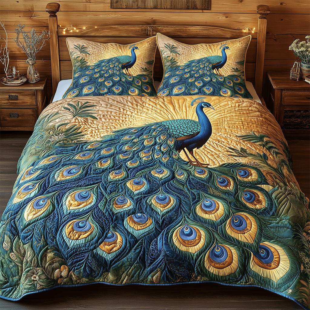 Elegance Peacock 3 Piece Quilted Bedding Set Gift For Bird Lovers