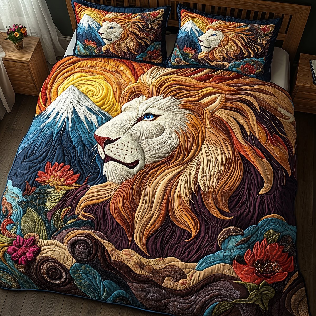 Majestic Lion 3 Piece Quilted Bedding Set Gift For Lion Lovers