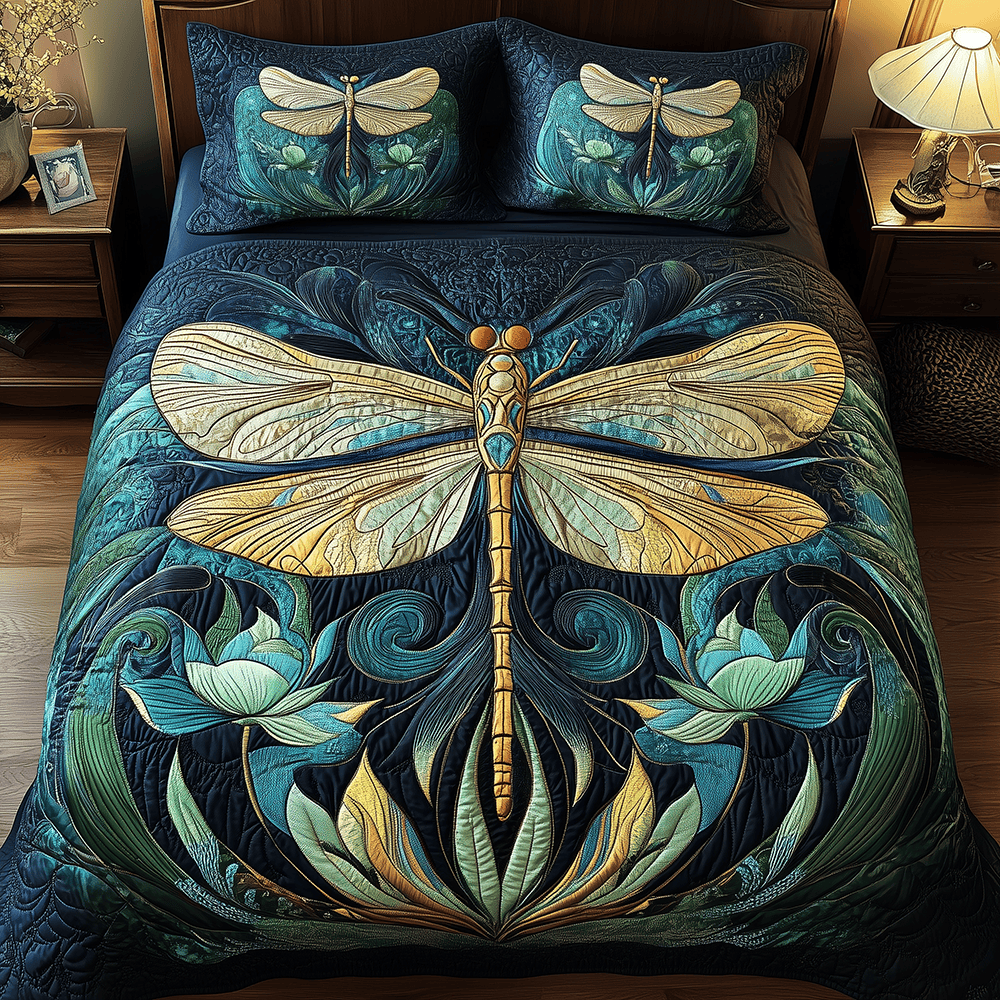 Dragonfly Dreams 3 Piece Quilted Bedding Set Gift For Butterfly Lovers