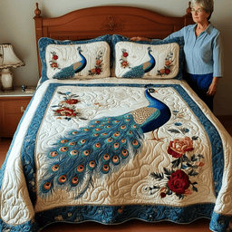 Royal Peacock 3 Piece Quilted Bedding Set Gift For Bird Lovers