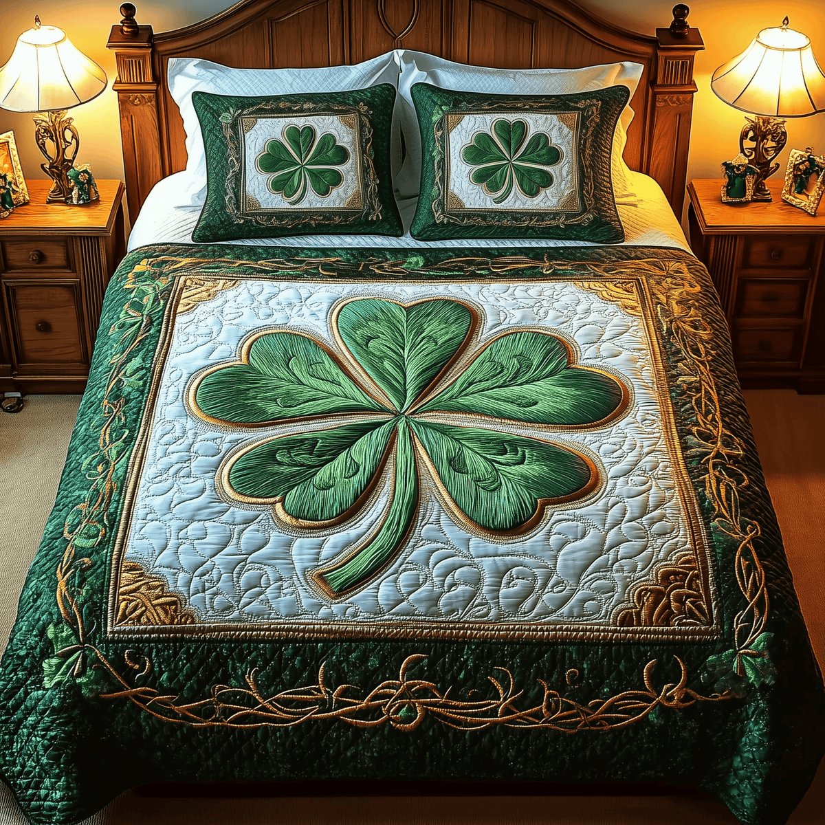 Celtic Shamrock 3 Piece Quilted Bedding Set Gift For Home Decor Lovers