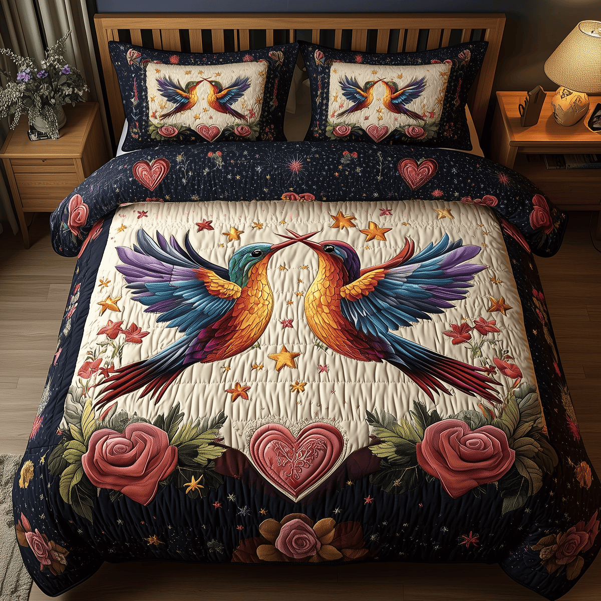 Hummingbird Heartstrings 3 Piece Quilted Bedding Set Gift For Bird Lovers