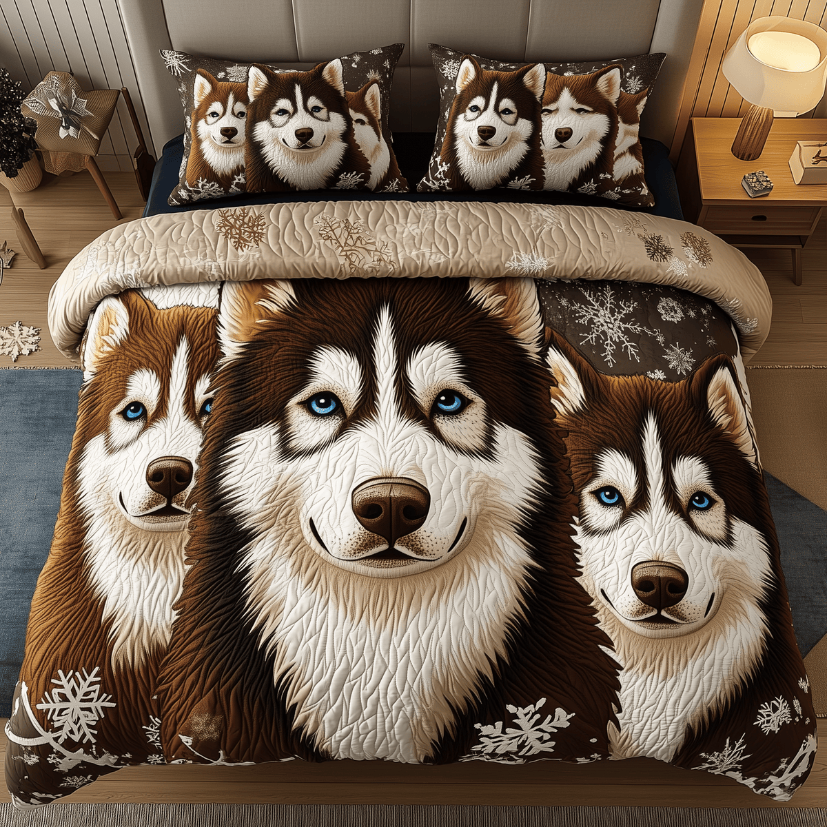 Arctic Stare Husky Dog 3 Piece Quilted Bedding Set Gift For Dog Lovers