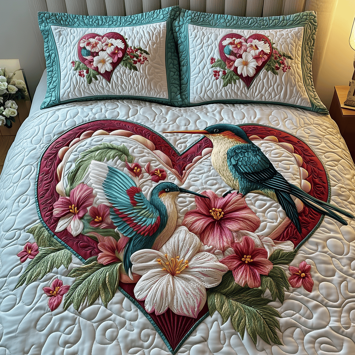 Hummingbird Love 3 Piece Quilted Bedding Set Gift For Bird Lovers