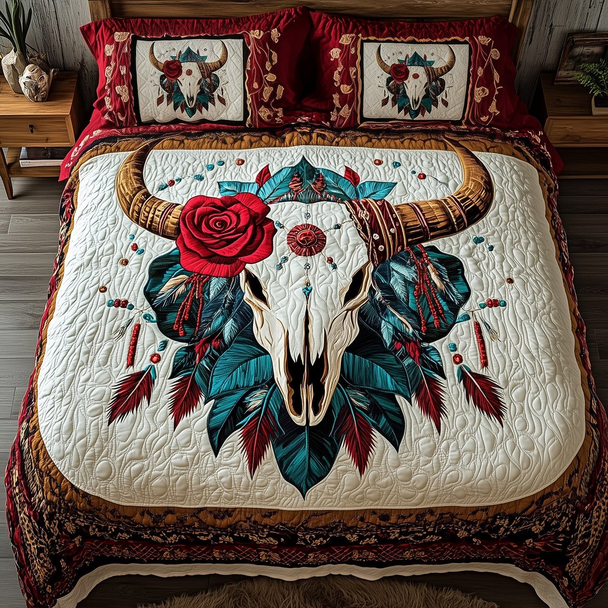 Western Longhorn Soul Skull 3 Piece Quilted Bedding Set Gift For Western Lovers
