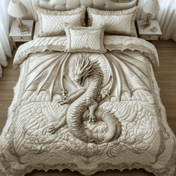 Magnificent White Dragon 3 Piece Quilted Bedding Set Gift For Fantasy Lovers