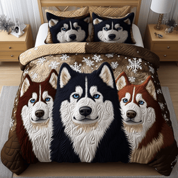 Husky Guardian Dog 3 Piece Quilted Bedding Set Gift For Dog Lovers