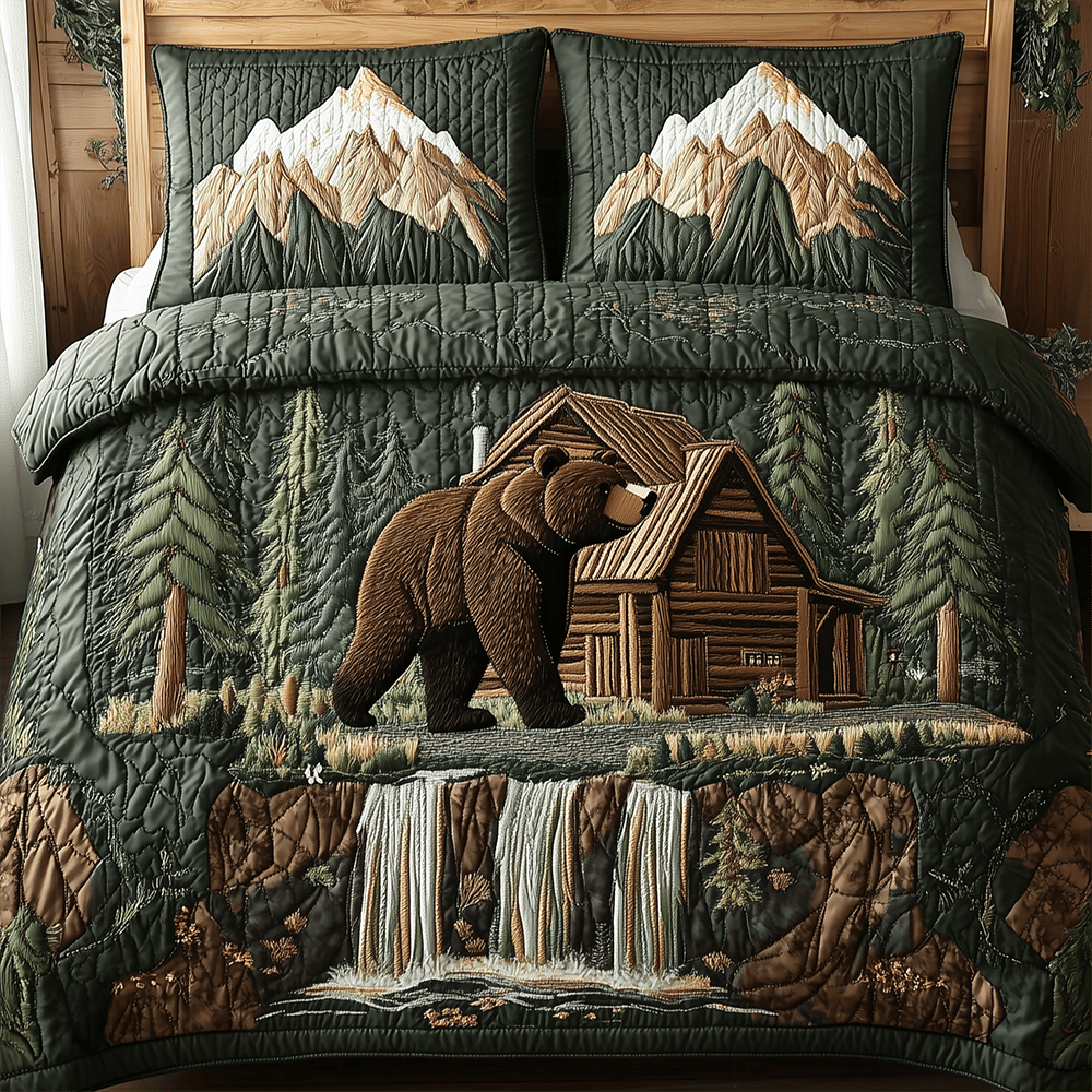 Bear and Cabin 3 Piece Quilted Bedding Set Gift For Bear Lovers