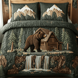 Bear and Cabin 3 Piece Quilted Bedding Set Gift For Bear Lovers