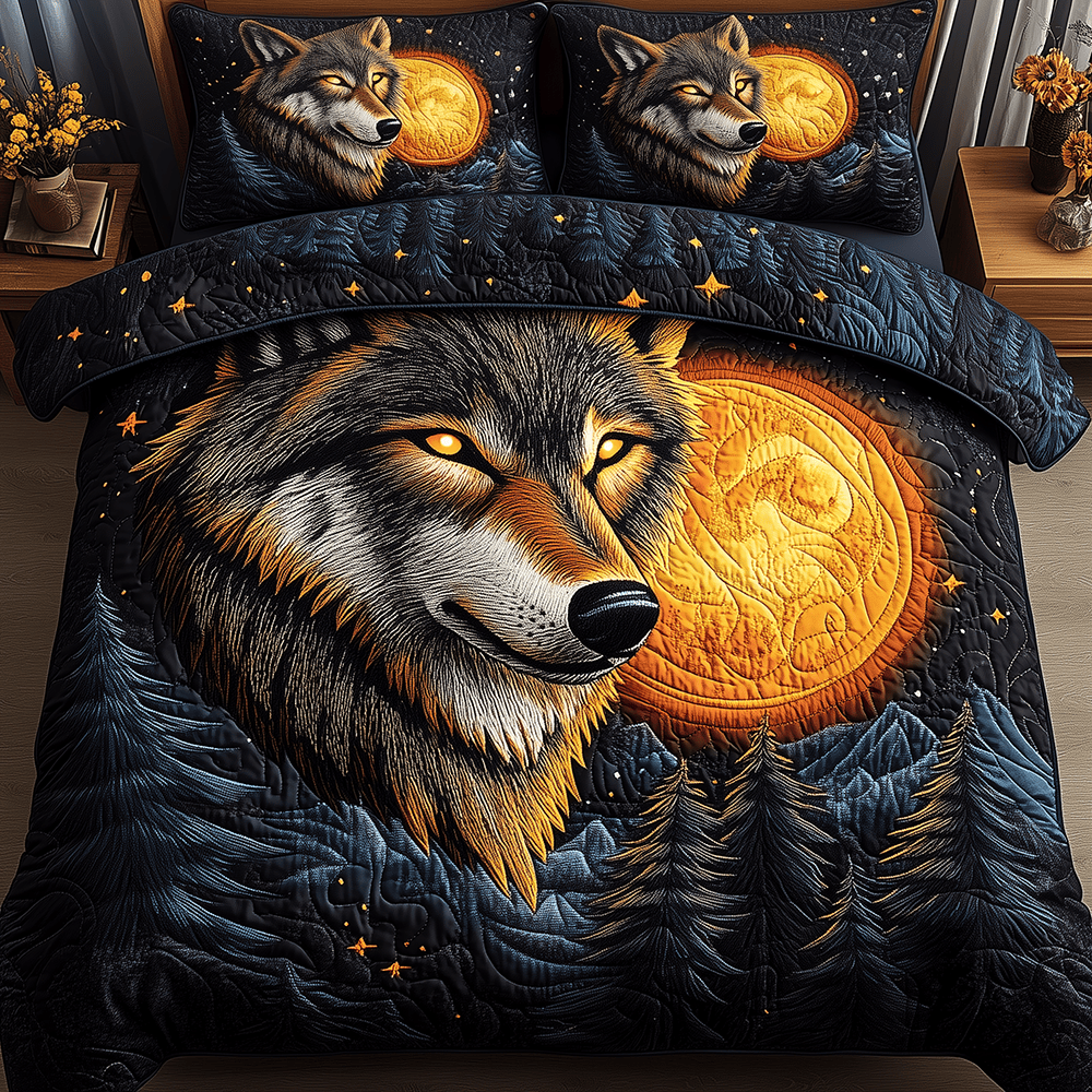 Moonlit Howl 3 Piece Quilted Bedding Set Gift For Wolf Lovers