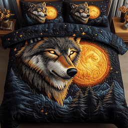Moonlit Howl 3 Piece Quilted Bedding Set Gift For Wolf Lovers