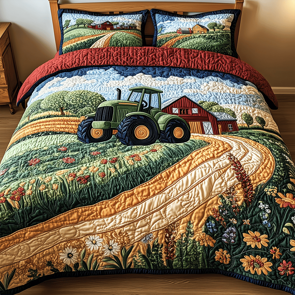 Tractor 3 Piece Quilted Bedding Set Gift For Farmhouse Decor Lovers