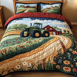 Tractor 3 Piece Quilted Bedding Set Gift For Farmhouse Decor Lovers