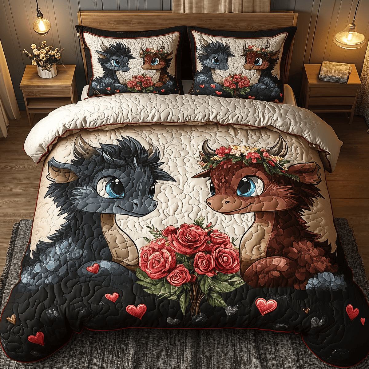 Rosebound Dragon Pair 3 Piece Quilted Bedding Set Gift For Fantasy Lovers