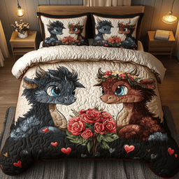 Rosebound Dragon Pair 3 Piece Quilted Bedding Set Gift For Fantasy Lovers