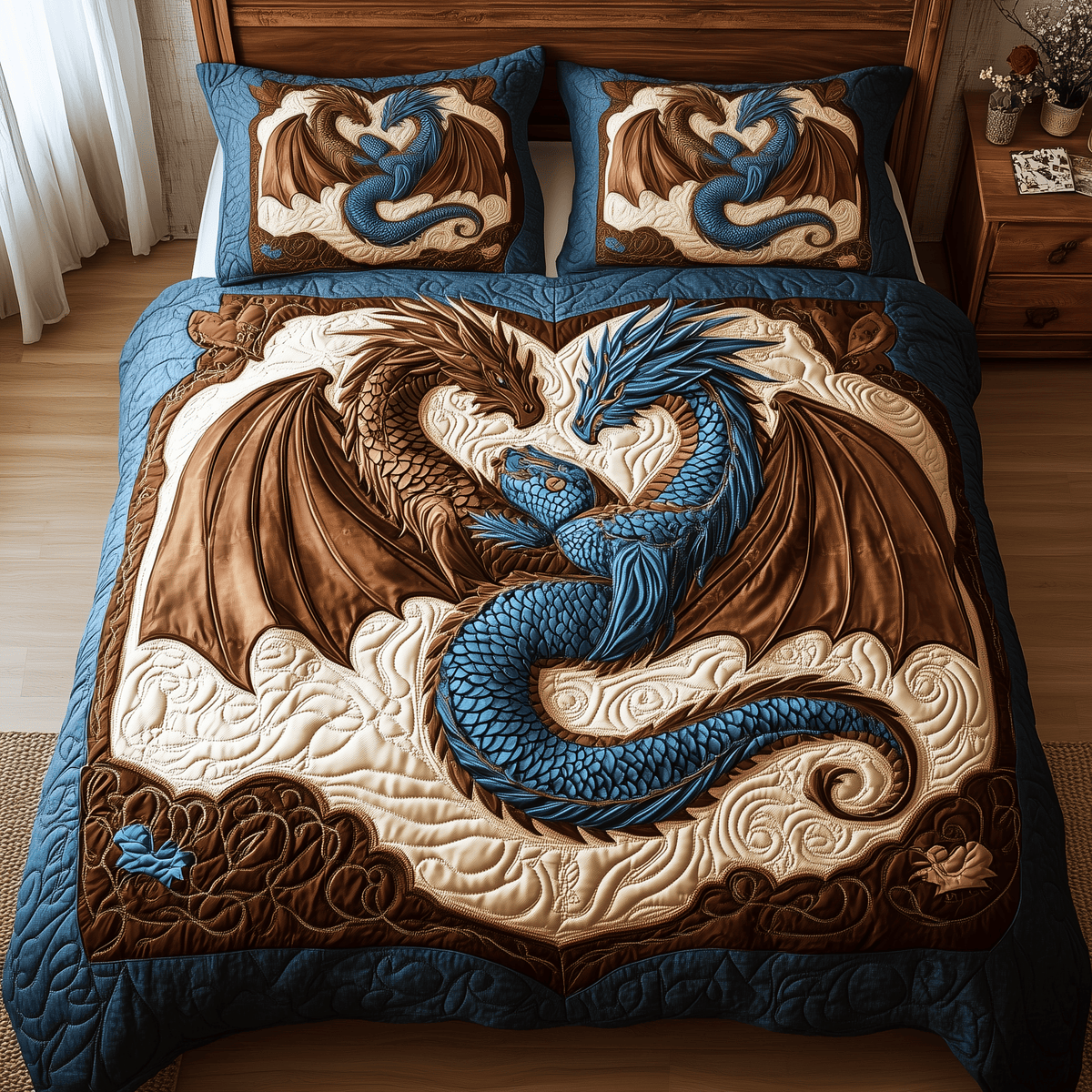 Aurora of Dragons 3 Piece Quilted Bedding Set Gift For Fantasy Lovers