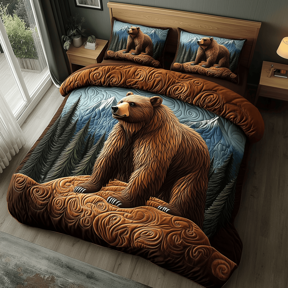 Wild Bear 3 Piece Quilted Bedding Set Gift For Bear Lovers