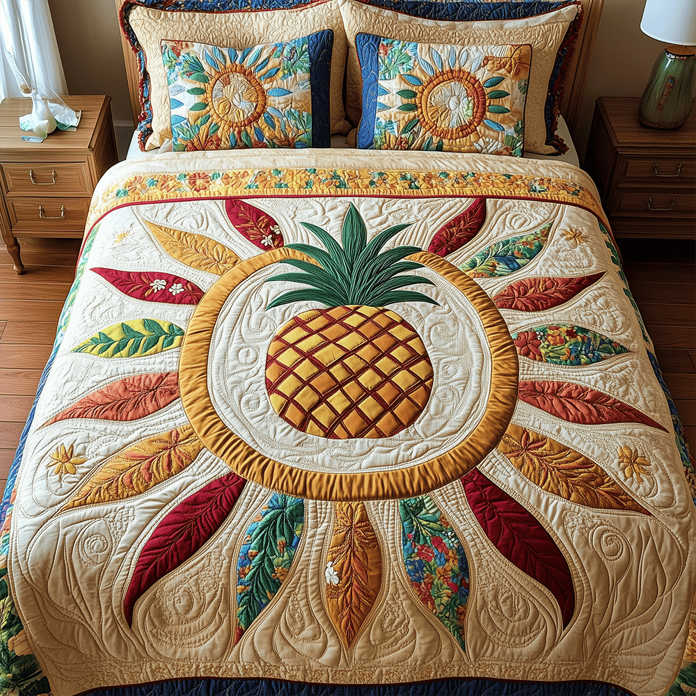 Pineapple 3 Piece Quilted Bedding Set Gift For Home Decor Lovers
