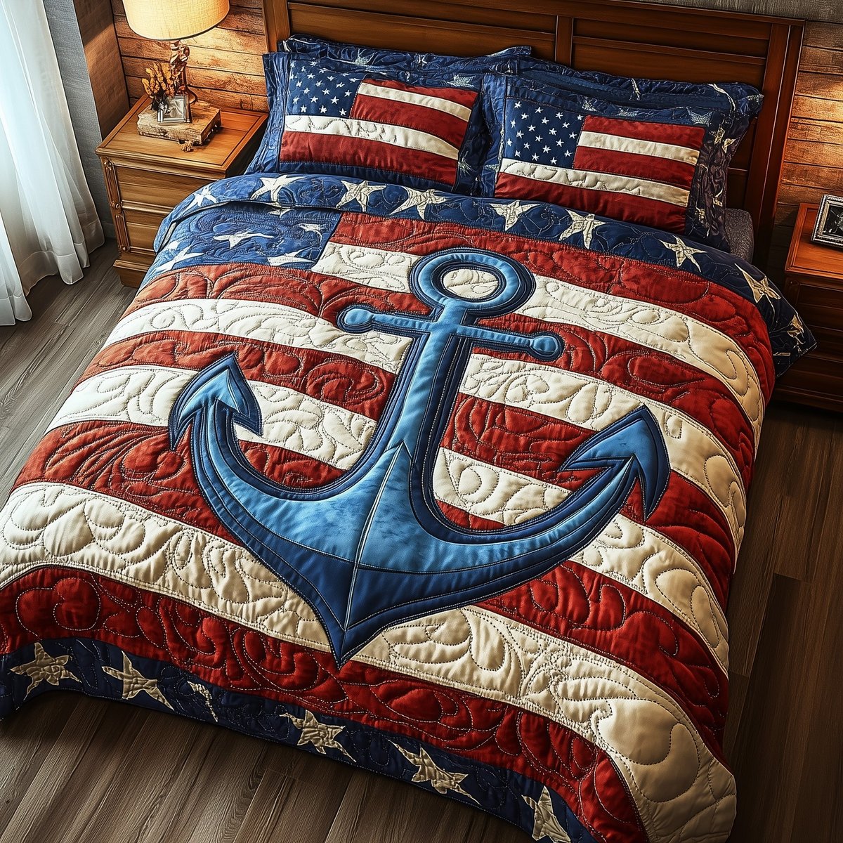 Nautical Anchor 3 Piece Quilted Bedding Set Gift For Beach Lovers