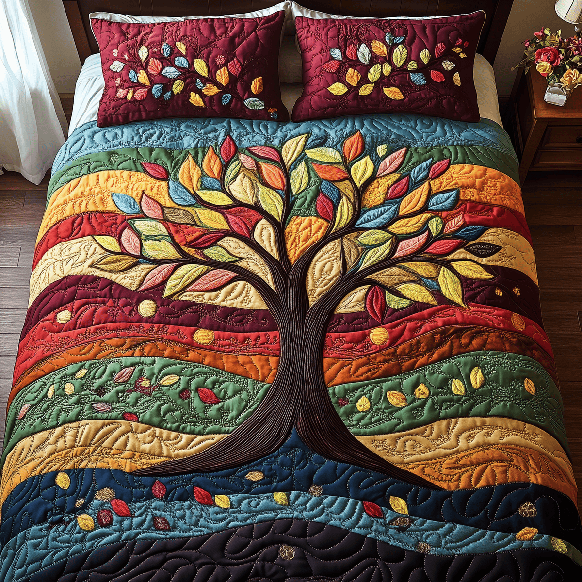 Sunlit Tree of Life 3 Piece Quilted Bedding Set Gift For Home Decor Lovers