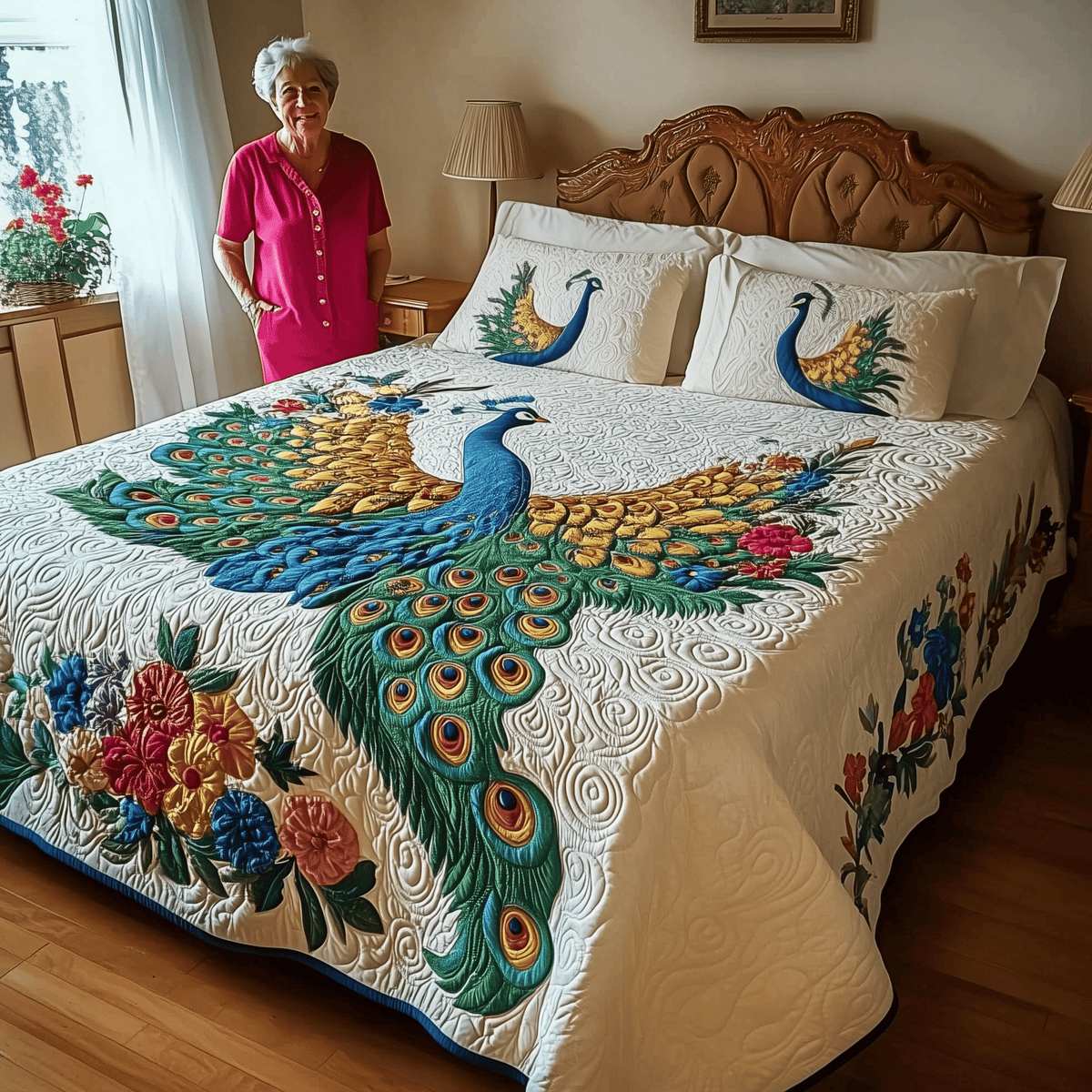 Royal Peacock 3 Piece Quilted Bedding Set Gift For Bird Lovers
