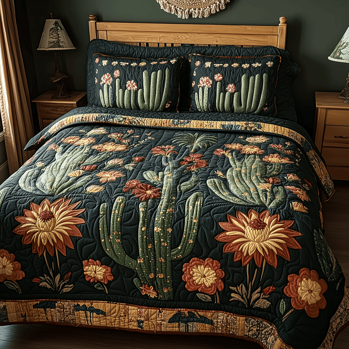 Rustic Cactus 3 Piece Quilted Bedding Set Gift For Home Decor Lovers