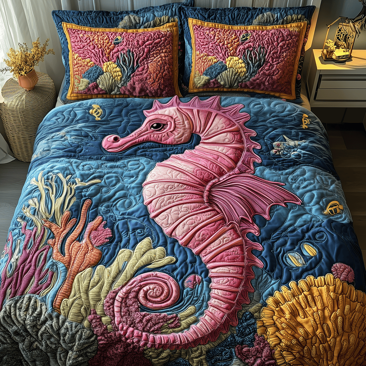 Seahorse 3 Piece Quilted Bedding Set Gift For Beach Lovers