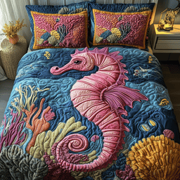 Seahorse 3 Piece Quilted Bedding Set Gift For Beach Lovers