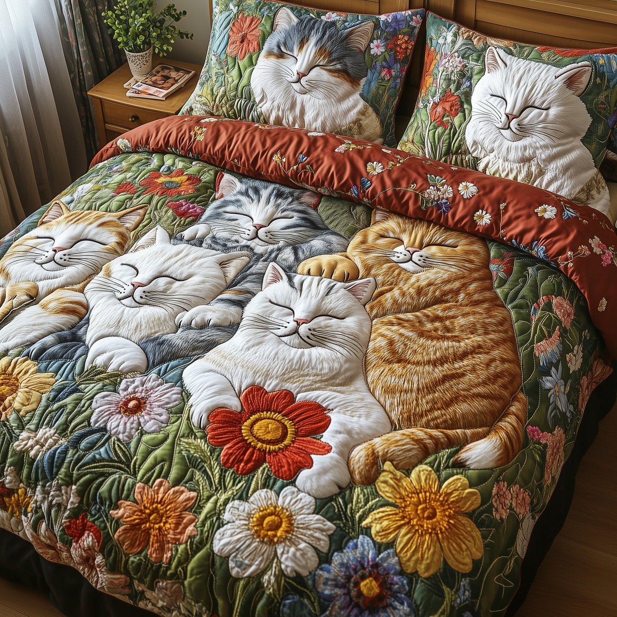 Floral Cat Haven 3 Piece Quilted Bedding Set Gift For Cat Lovers