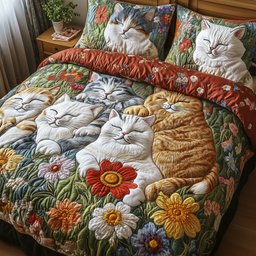 Floral Cat Haven 3 Piece Quilted Bedding Set Gift For Cat Lovers