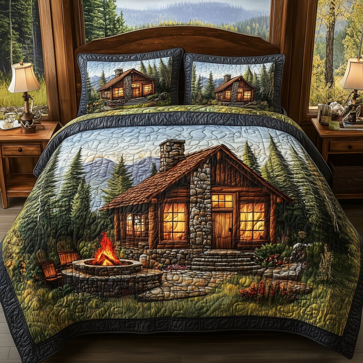 Cozy Harmony Lake 3 Piece Quilted Bedding Set Gift For Nature Lovers