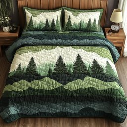 Misty Forest Mountain 3 Piece Quilted Bedding Set Gift For Nature Lovers