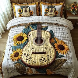 Golden Melody Guitar 3 Piece Quilted Bedding Set Gift For Music Lovers