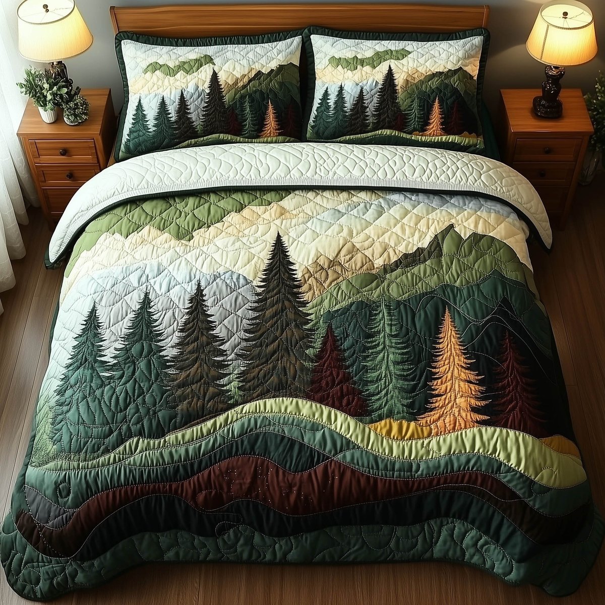 Misty Forest Mountain 3 Piece Quilted Bedding Set Gift For Nature Lovers
