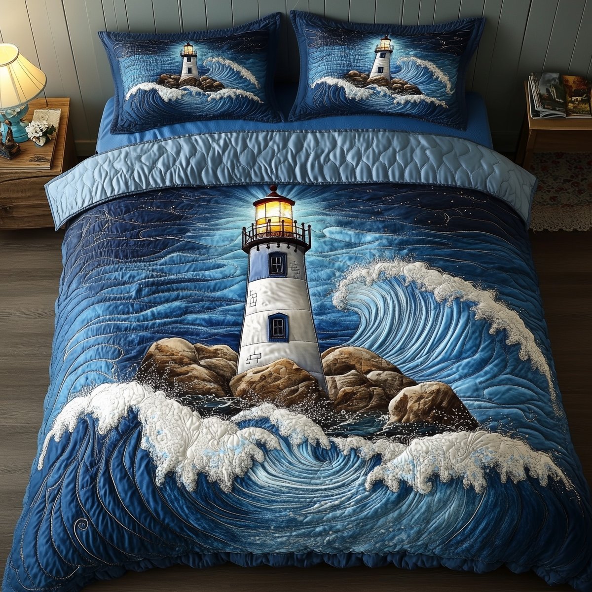 Seaside Serenity Nautical 3 Piece Quilted Bedding Set Gift For Beach Lovers